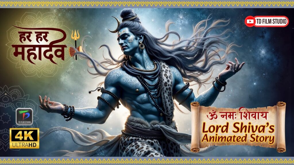 A cinematic 8K animation of Lord Shiva performing the Tandava cosmic dance amidst swirling galaxies, created by TD Film Studio.