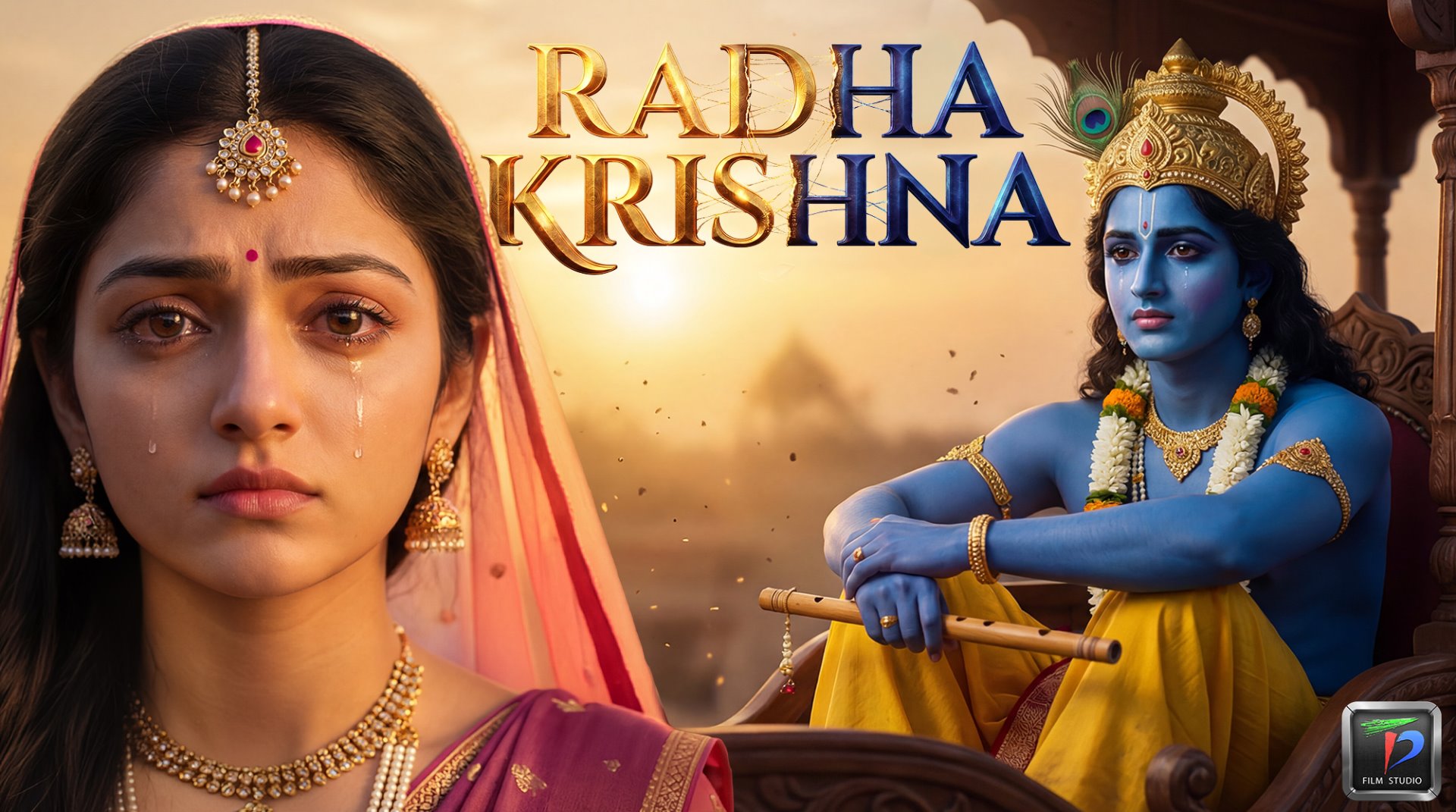 Radha and Krishna in a moonlit forest, a still from an animated devotional film by TD Film Studio