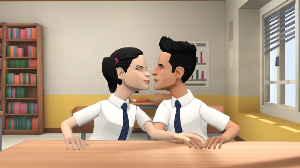Animated still from My True Love: a school classroom scene