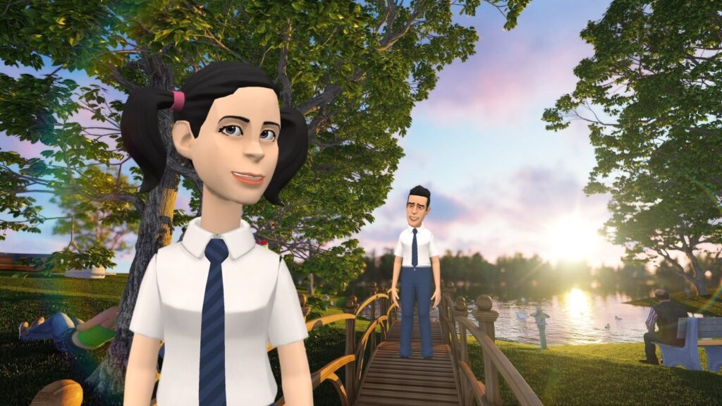 Animated still from My True Love: a scene on a bridge