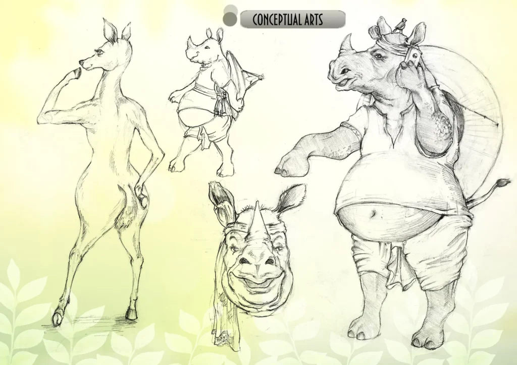 Pencil character sketches of a rhino, deer and other animals for the Assam Tourism 3D campaign