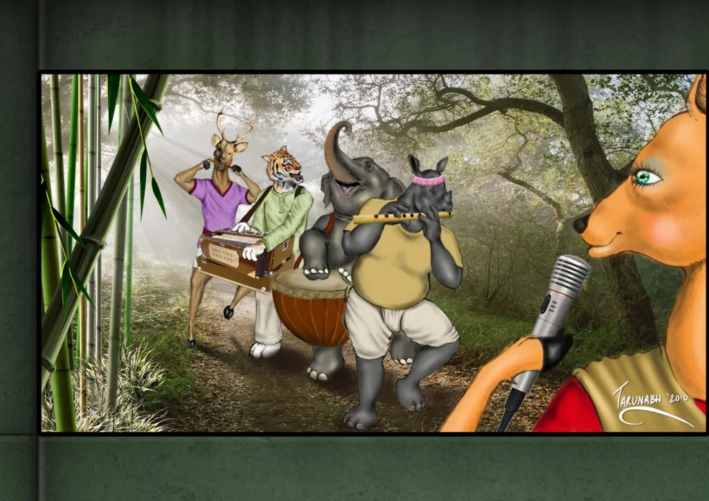 Concept art of animal characters playing Bihu music for the Assam Tourism campaign