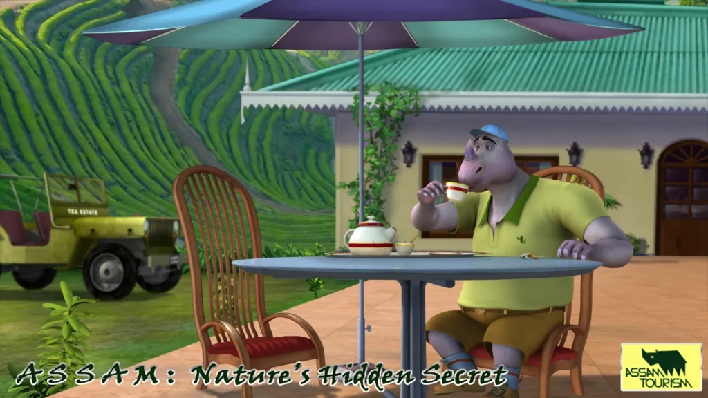 Final 3D frame of the rhino in a tea garden from the Assam Tourism animated campaign