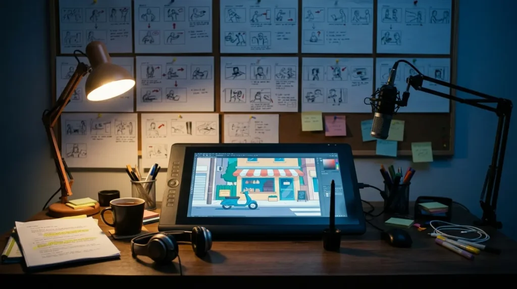 Explainer video cost per minute: an animation desk with storyboard panels, a pen display showing a flat 2D scene, a microphone and a highlighted script