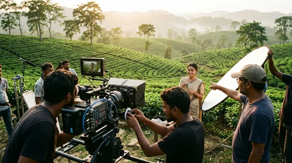 How much does a TV commercial cost: a film crew with a cinema camera on a dolly shooting a TV commercial in a tea garden in Assam