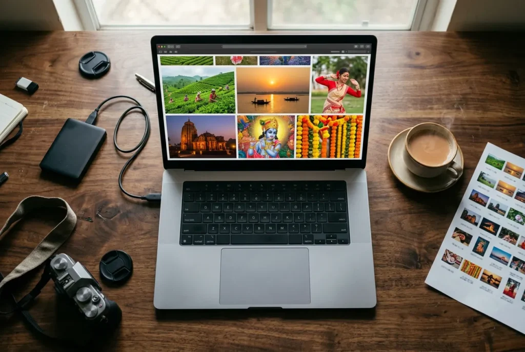 Indian stock photos: a laptop showing a gallery of Assam tea gardens, a Brahmaputra sunset, a Bihu dancer, a temple and Krishna artwork