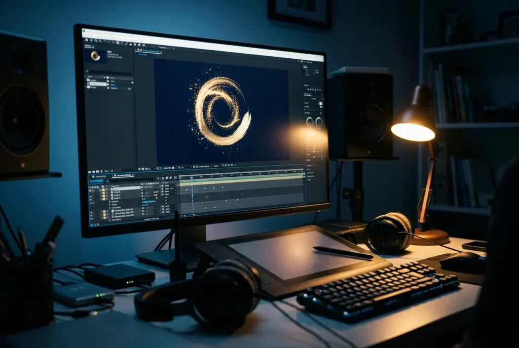 Logo animation: an abstract golden emblem animating on a monitor with a keyframe timeline