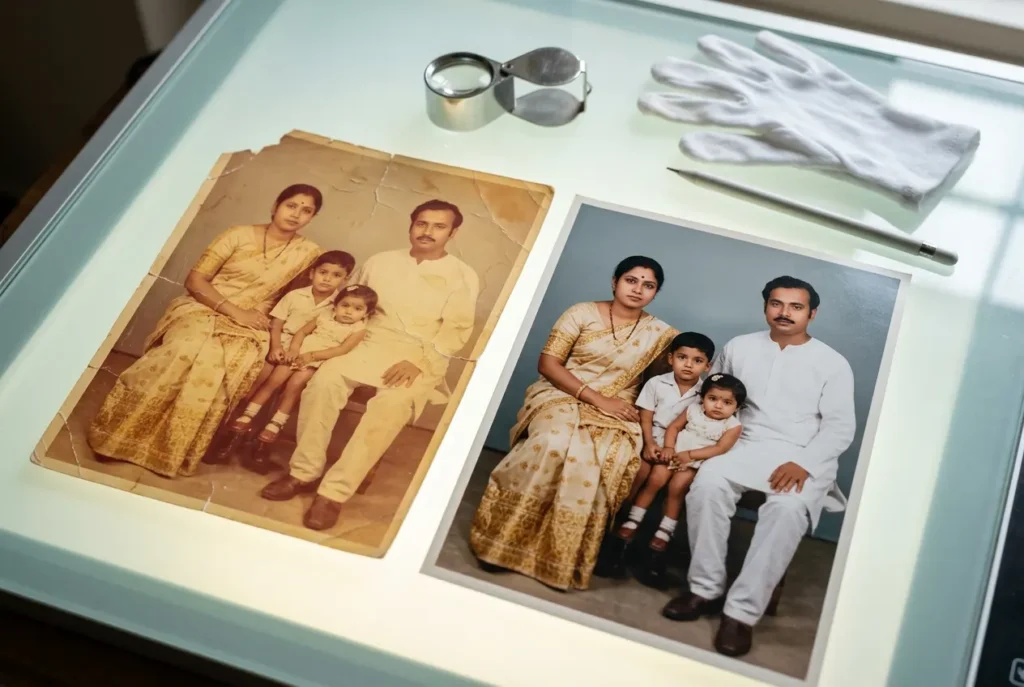 Old photo restoration: a faded, torn family portrait beside the same portrait restored in natural colour