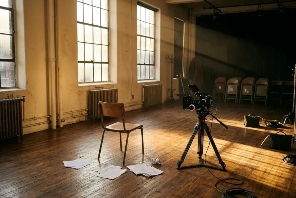 An empty acting-for-camera workshop room with a chair, a camera on a tripod and window light
