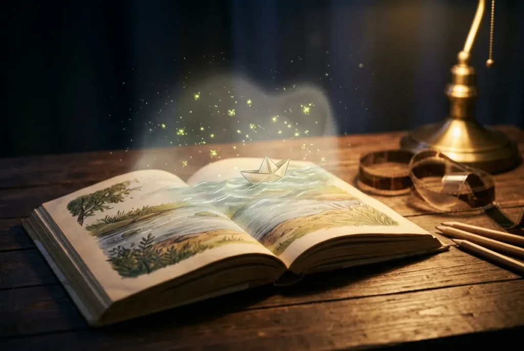 Film trailer still: an open storybook with a paper boat rising from its pages, illustrating an animated book trailer
