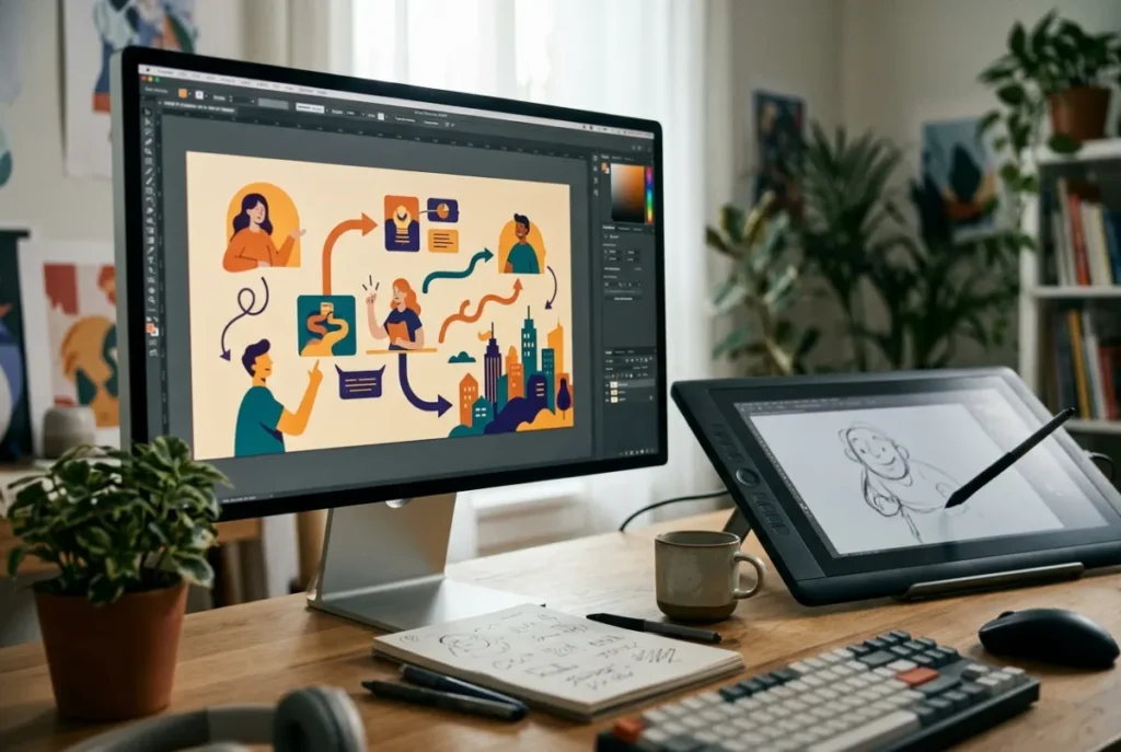 A monitor showing a frame from an animated explainer video