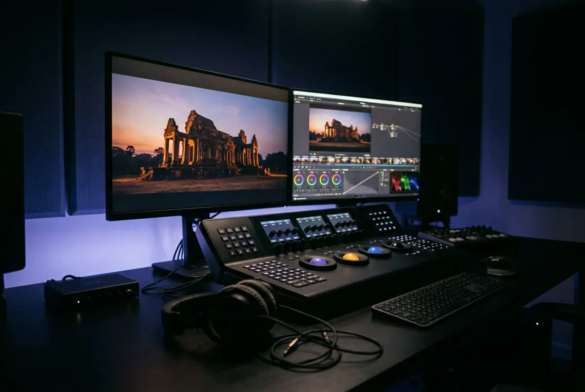A colour-grading suite with a temple-at-dusk frame on calibrated monitors