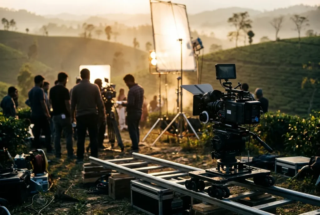 A cinema camera on a dolly track at a golden-hour film shoot in the tea-garden hills
