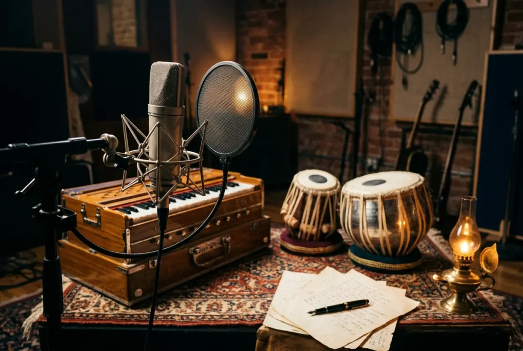 A recording studio corner with a condenser microphone, a harmonium, tablas and lyric sheets