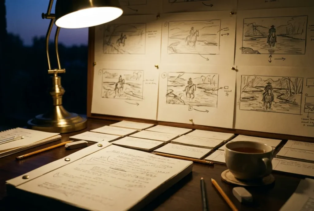 A screenplay and pencil storyboards, illustrating script writing services